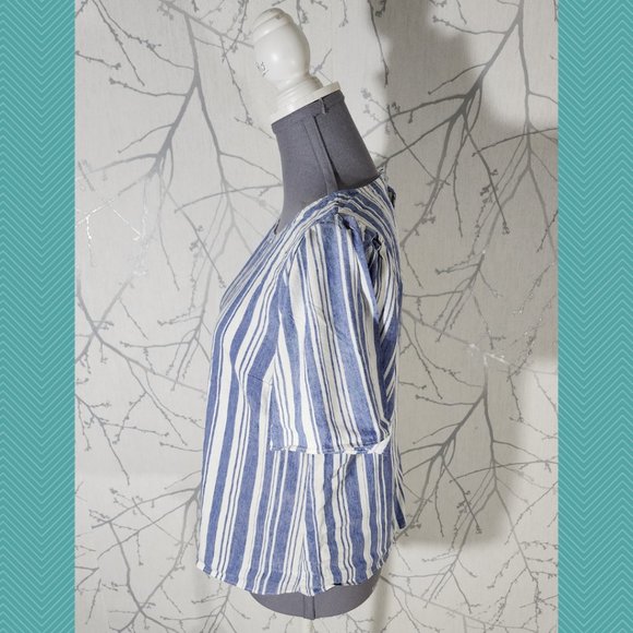 Cabi Blue Striped Linen Blend Puff Sleeve Blouse - Picture 2 of 4